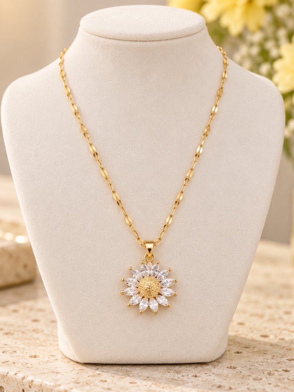 Sunflower Pendant Necklace Cubic Zirconia 18K Gold Plated 18 Inch NWT